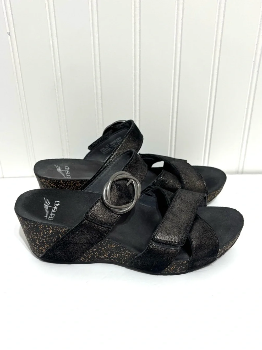 Dansko Susie Black Shimmer Leather Wedge Sandals Size EU 37 US 6.5-7 Comfort